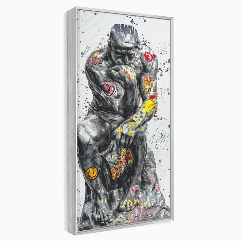 Tablou canvas cu tablou canvas cu statuia ganditorul, in rama de aluminiu argintiu